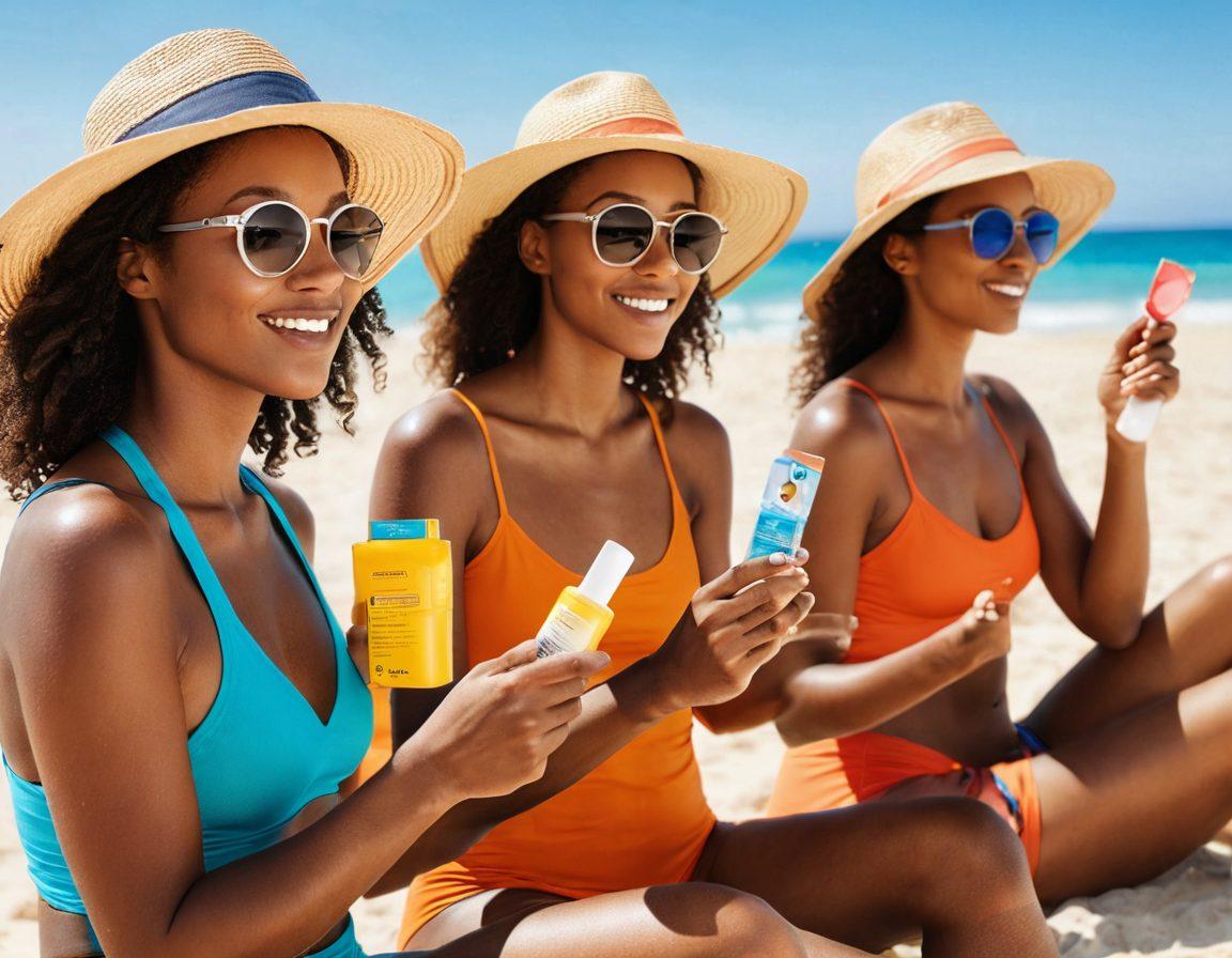 A sunlit beach scene showcasing a diverse group of people applying sunscreen, enjoying the sun while wearing protective clothing and hats. In the foreground, a magnifying glass highlights UV rays, illustrating their impact, while a colorful infographic subtly blends into the background, indicating skin cancer risks. Bright and inviting atmosphere with a warm color palette. super-realistic. vibrant colors. 3D.