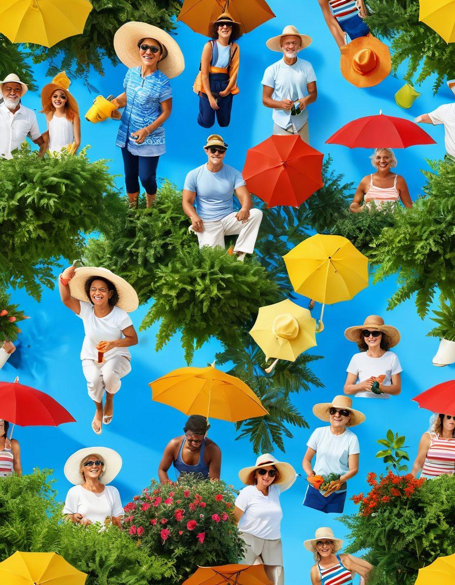 A serene outdoor scene showing diverse individuals of various ages joyfully engaging in sun-safe activities like gardening and exercising under a bright sun. Include elements like wide-brimmed hats, sunscreen application, and colorful beach umbrellas. The background can feature lush greenery and a clear blue sky, symbolizing health and vitality. super-realistic. vibrant colors. 3D.